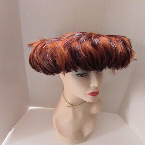 1960 Era Ostrich Feather Hat Rust & Brown Open Crown Wide Brim